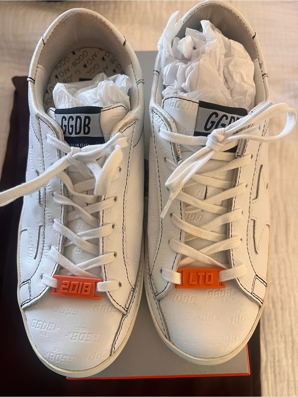 Golden Goose White Sneakers with Orange Lace Charms